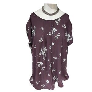 Papermoon Floral Blouse Top Maroon Short Sleeve‎ Keyhole Back Pleated Front XXL